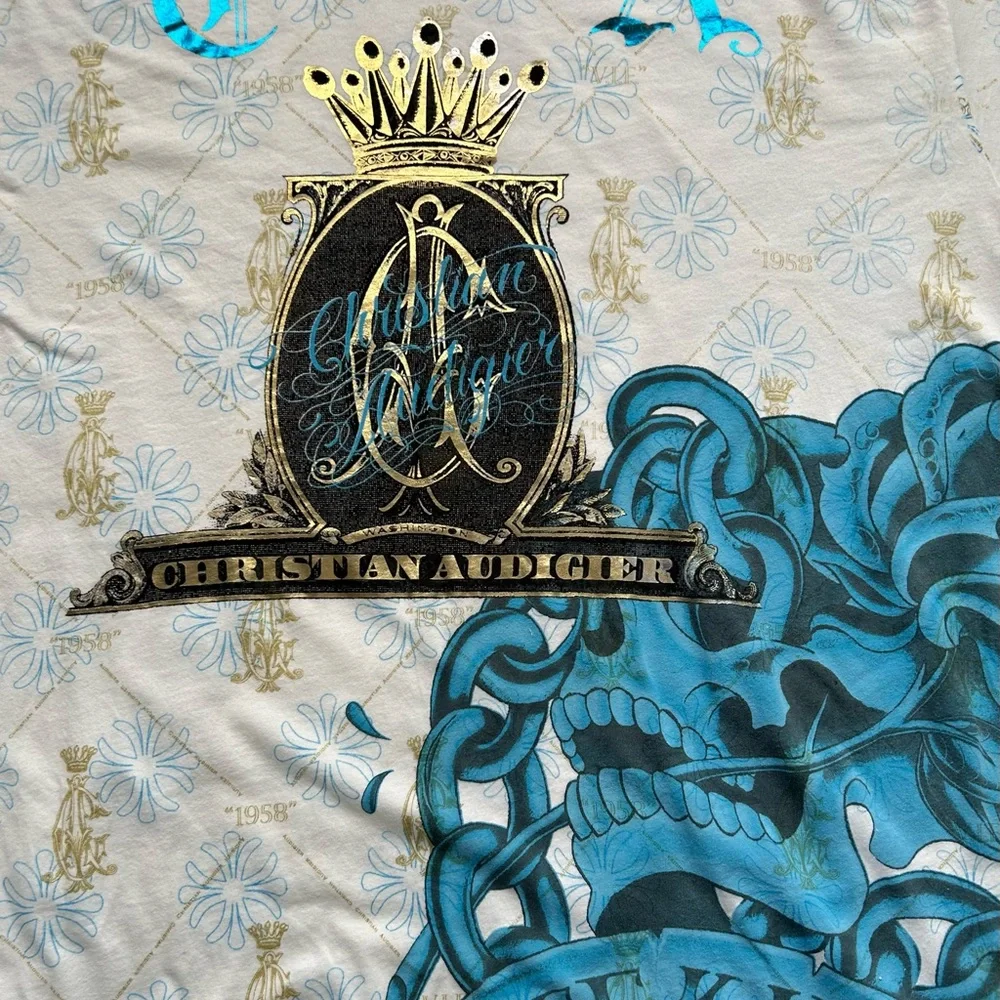 Christian Audiger allover screen printed T-shirt, Swarovski crystal embellished - Picture 3 of 10